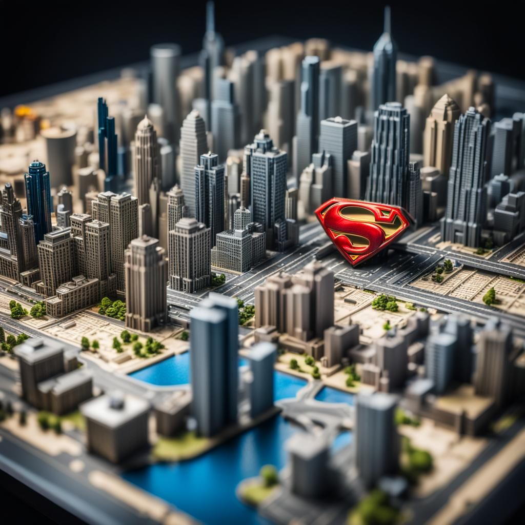 Miniature Superman City Board Game: Hyperrealistic HDR Image