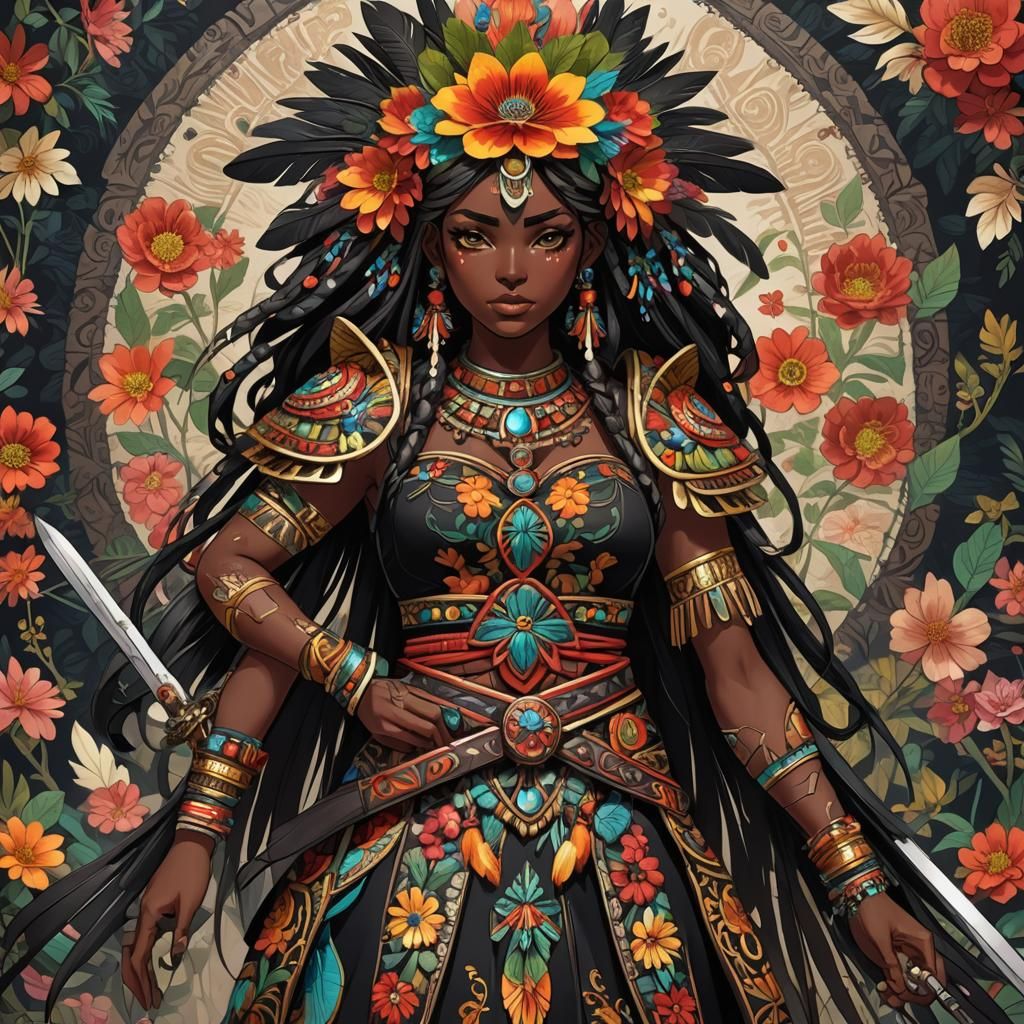 Anime Girl with Obsidian Sword in Mayan Setting