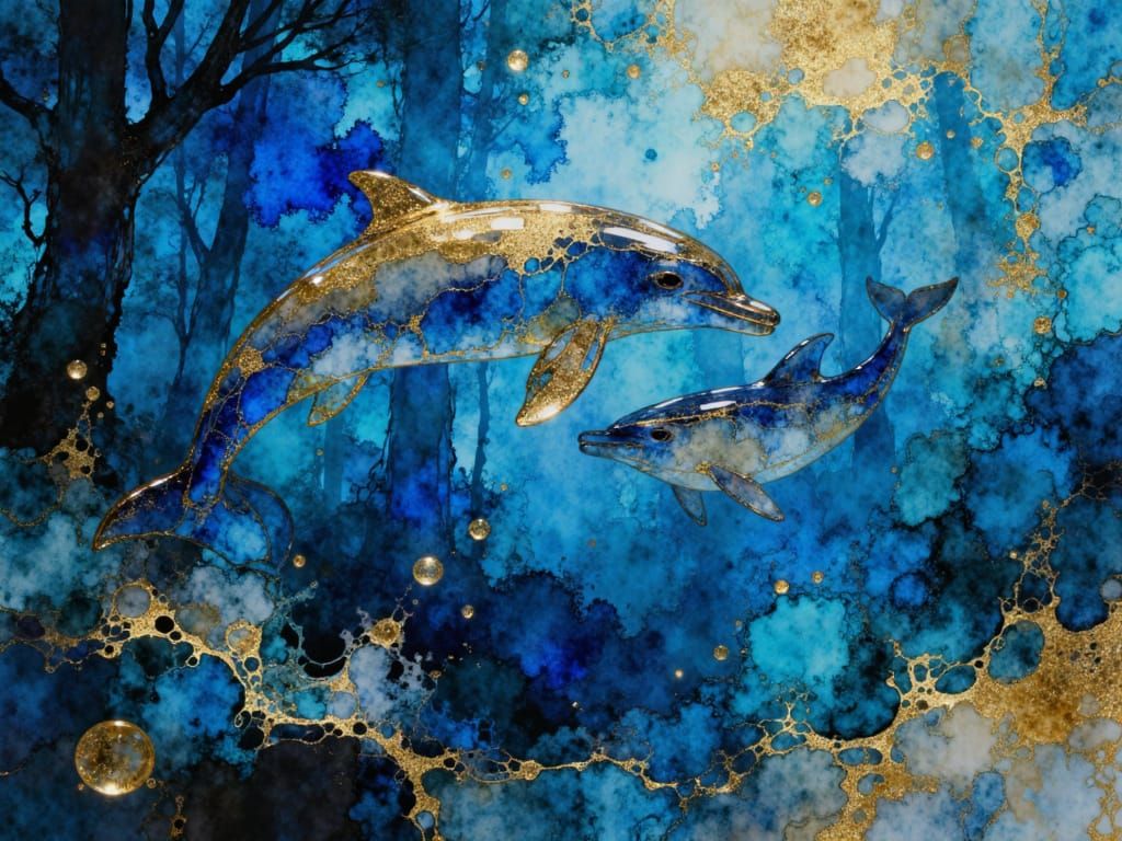 Dolphins in the Sea Fantasy Illustration with Astral Pattern...