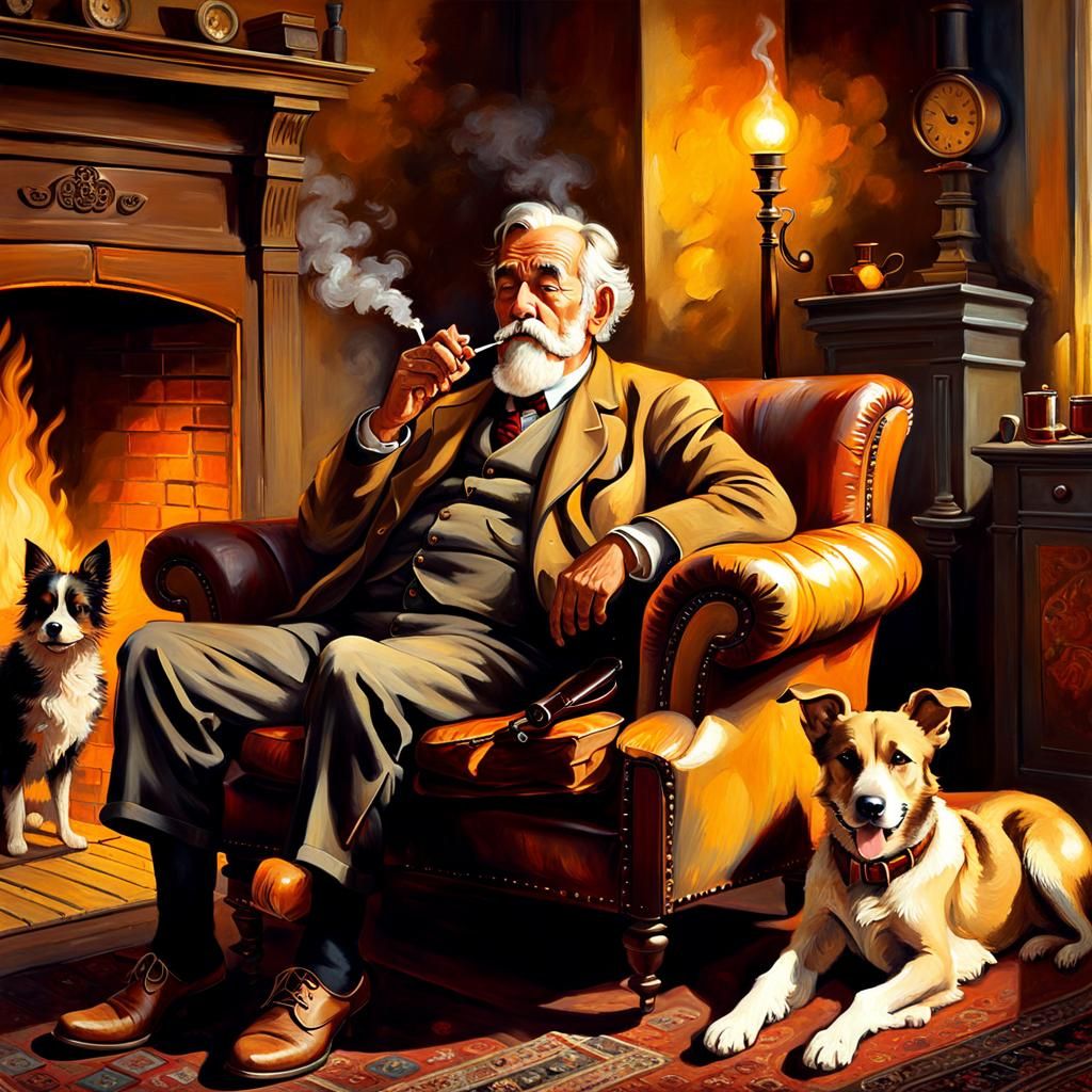 Old Man and Dog in Warm Impressionism Style