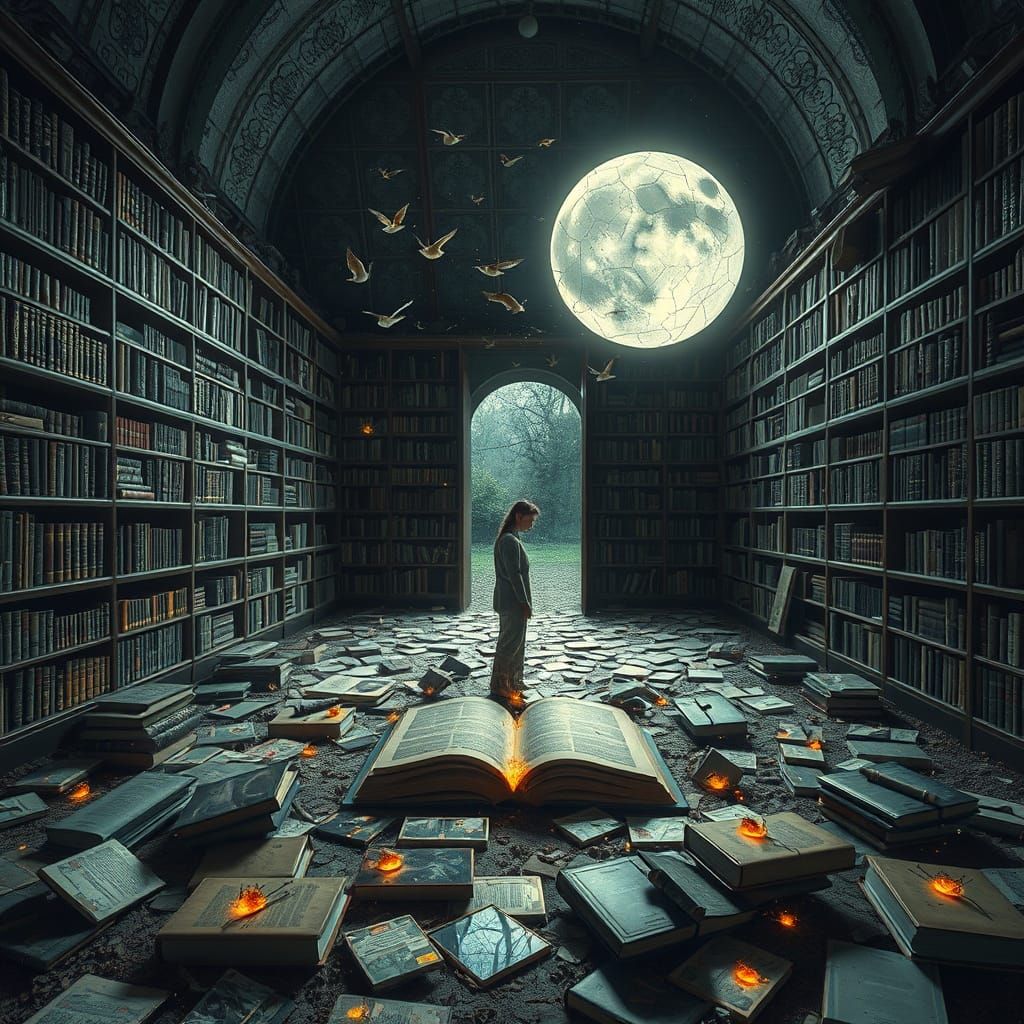 Dreamlike Library Labyrinth Illuminated by Moonlight