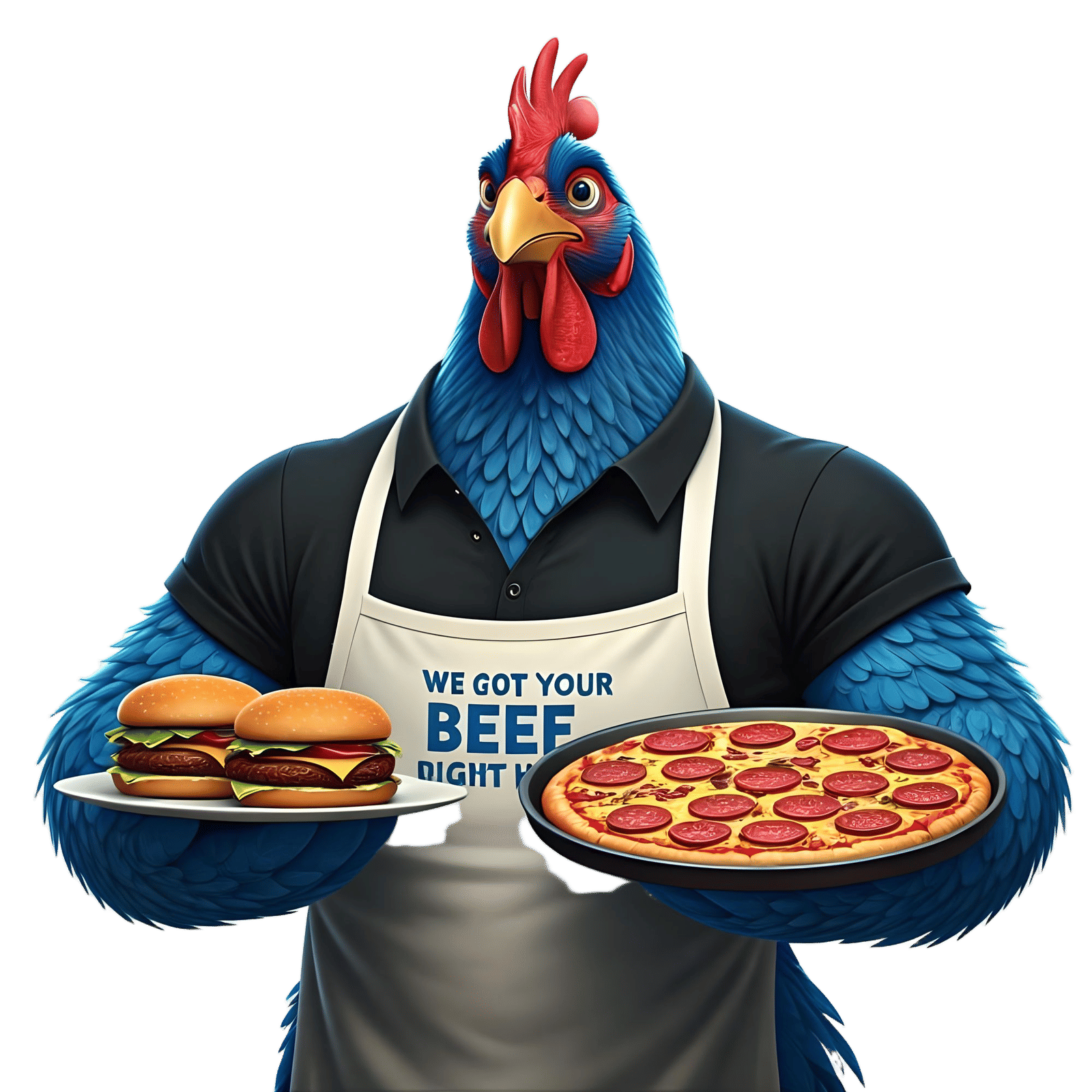 Muscular Blue Chicken Chef Serves Burgers and Pizza
