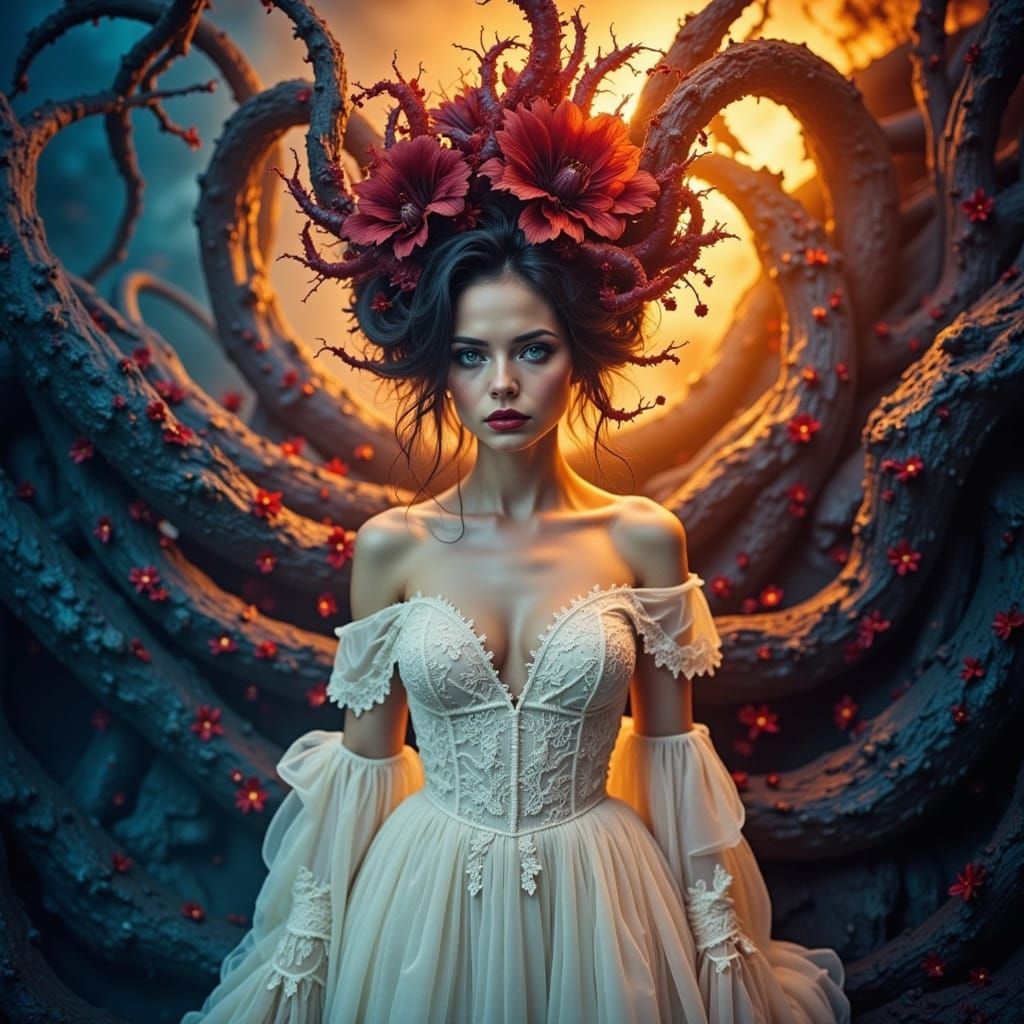 Ethereal Woman Confronts Dark Entity in Vibrant Dreamscape