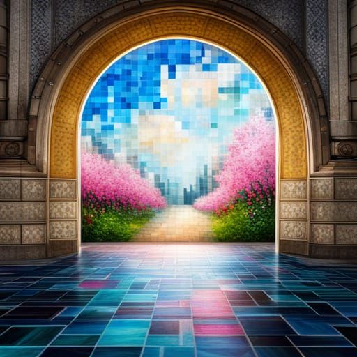 Circular Mosaic with Blue Tiles and Pink Flowers