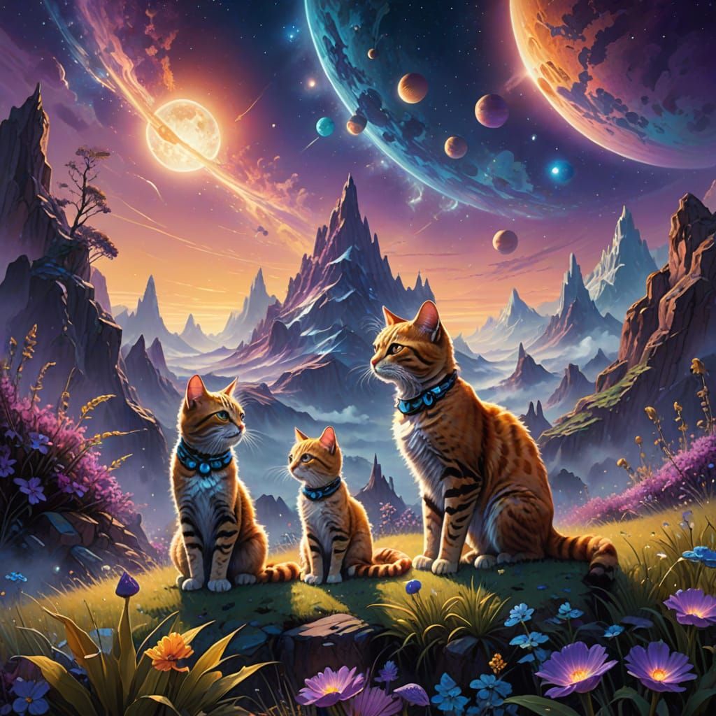 Dreamy Cats in Space Suits Explore a Mystical Alien World