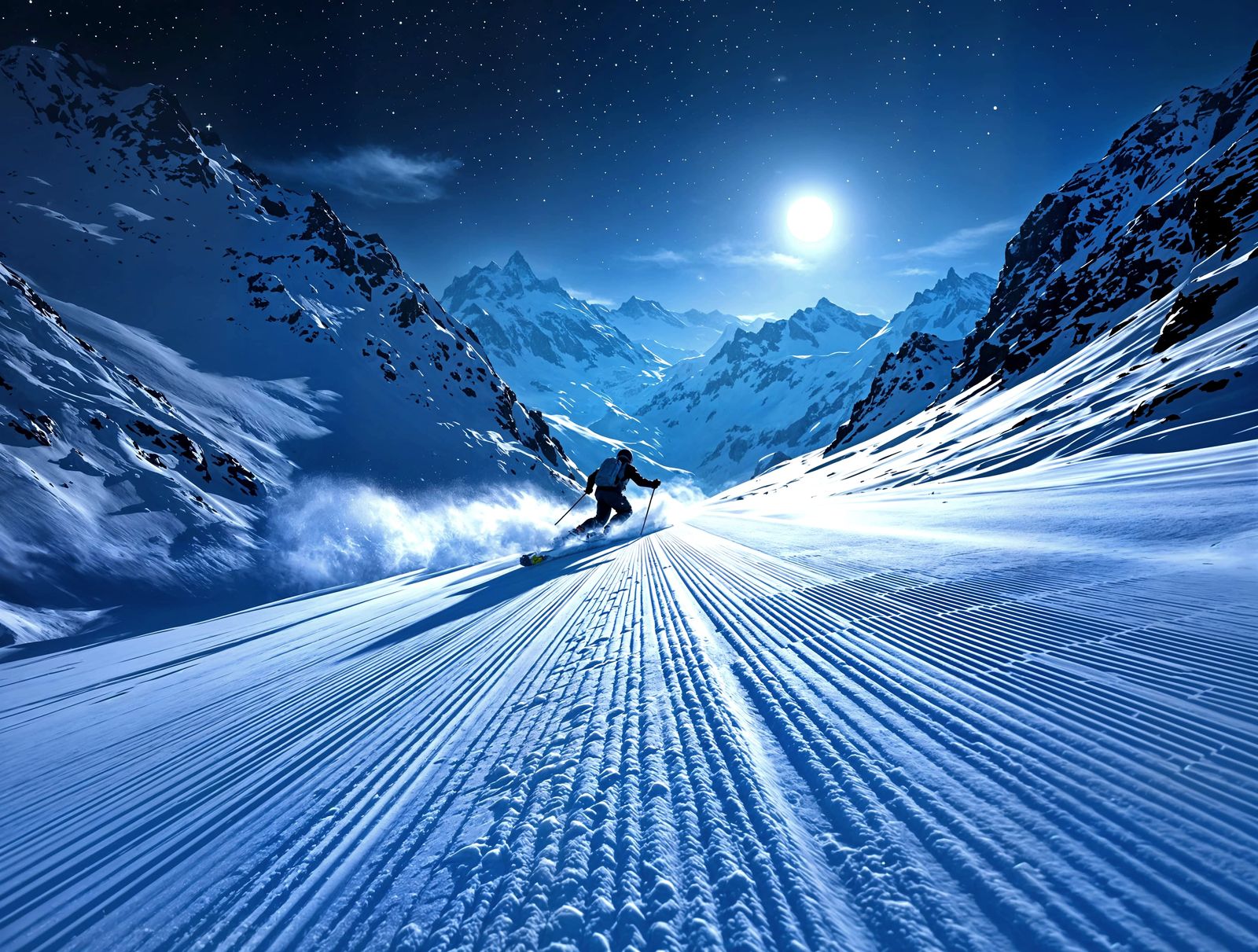 Skier's Night View of Swiss Alps Snow Descent