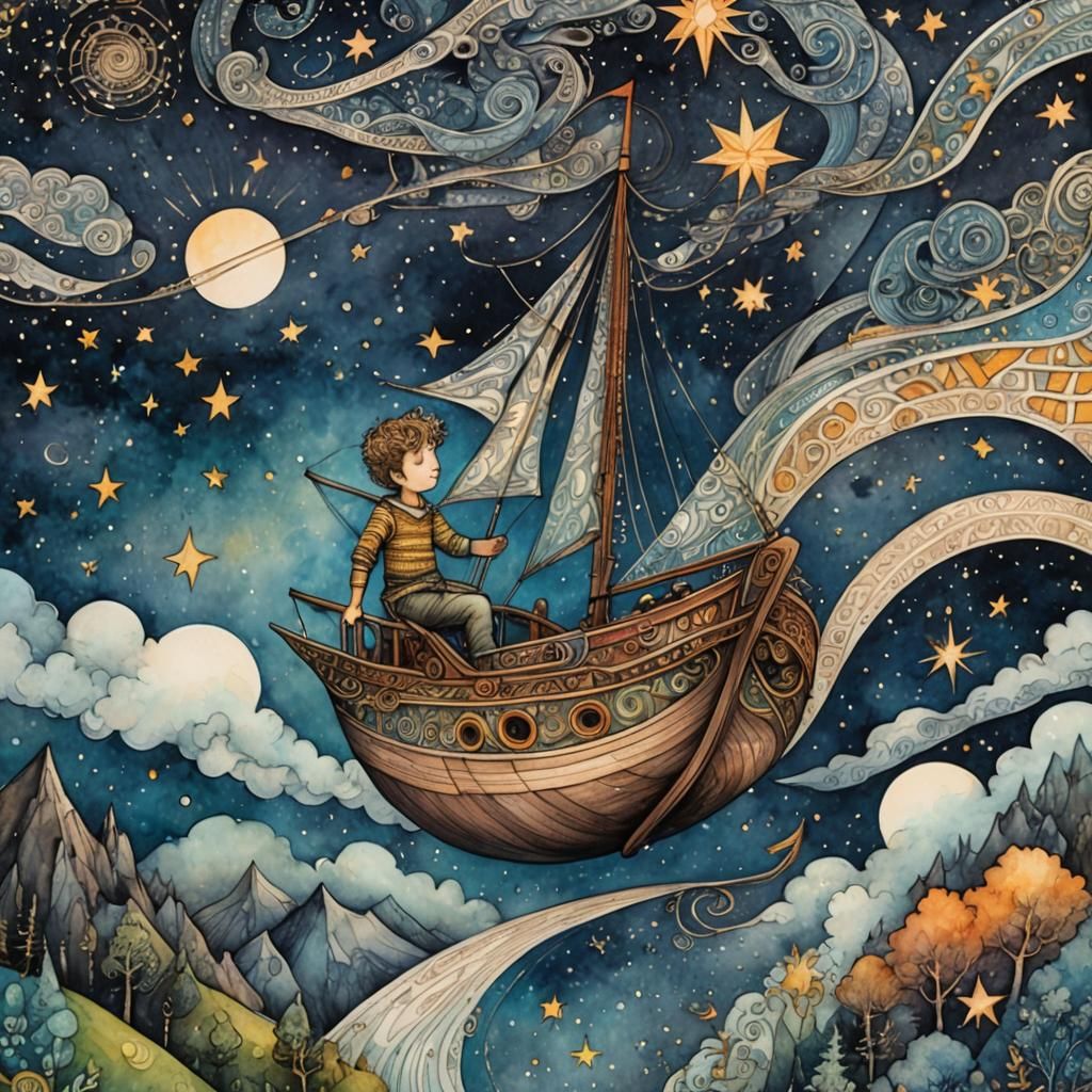 Boy Sailing Sky-Boat in Starry Sky: Surreal Folk Art
