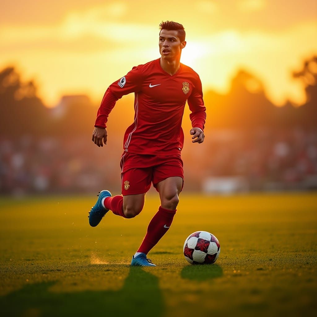 Cristiano Ronaldo in Photorealistic Action Pose at Sunset