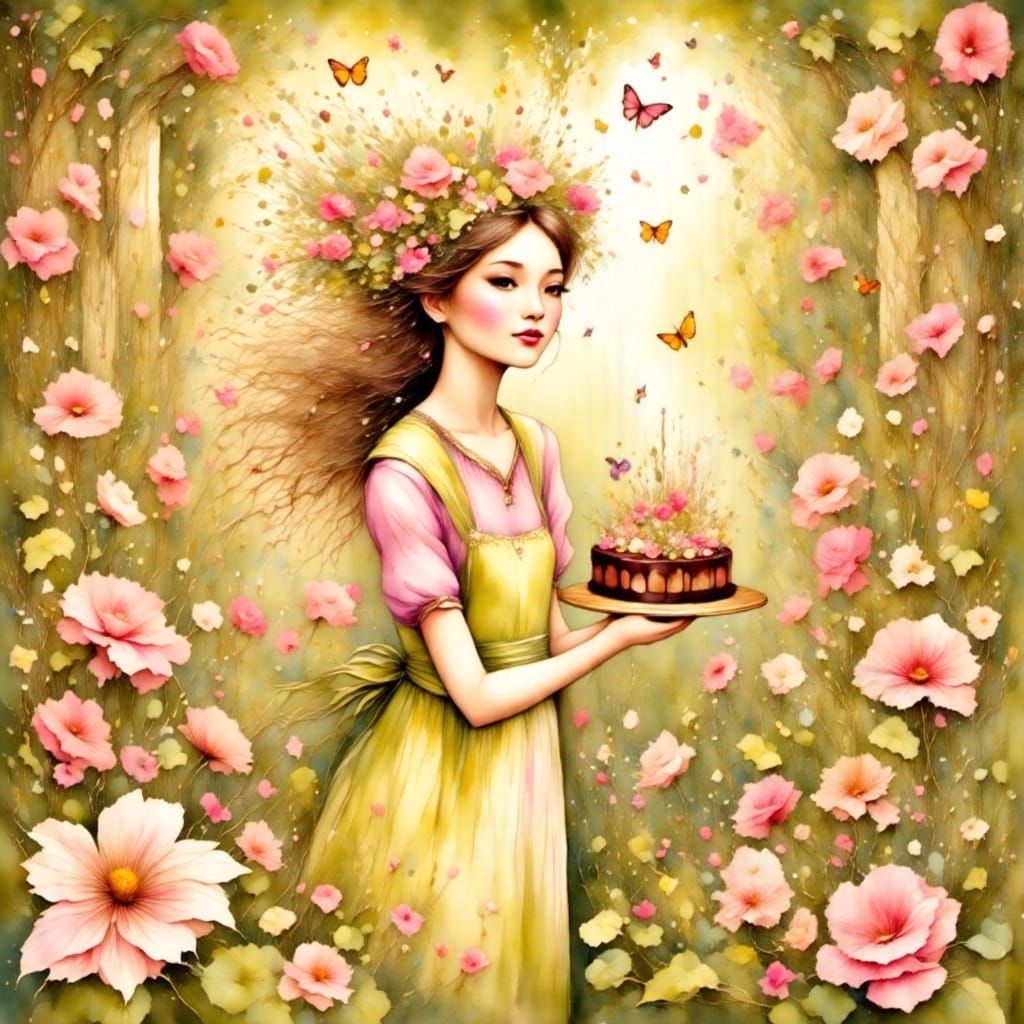 Joyful Baker Presents Beautiful Cake in Warm Bakery