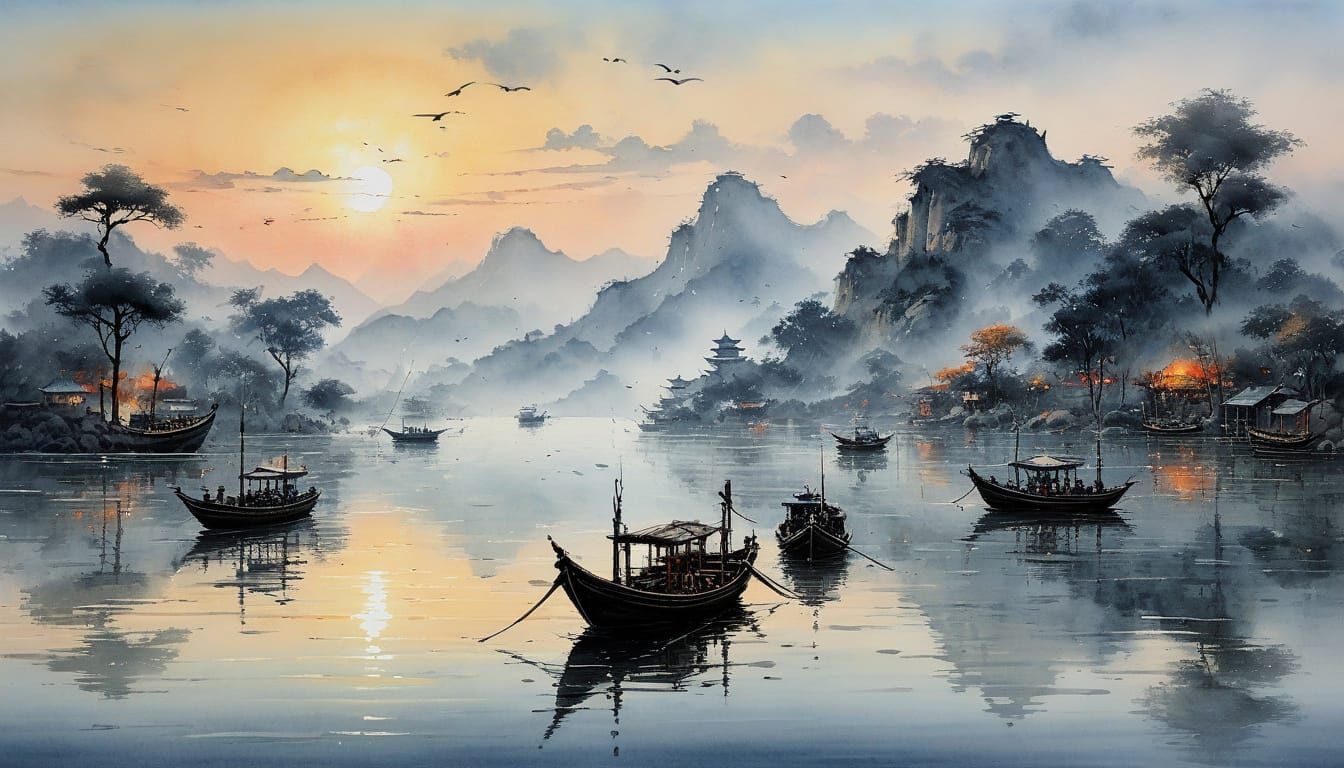 Chinese Landscape Misty Watercolour Painting with Boats at S...
