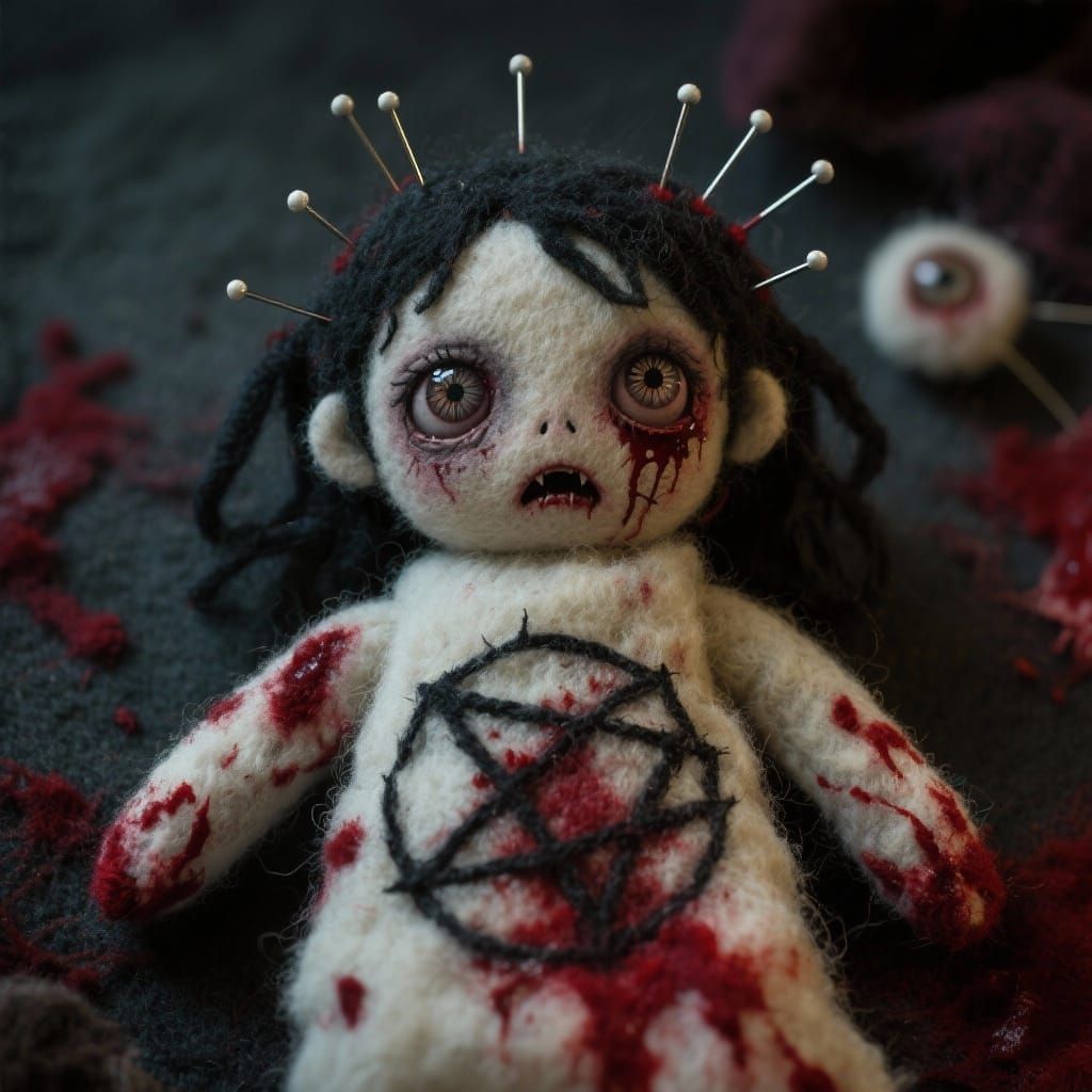 Evil Cursed Doll with Human Eyes in Needle Felt Style