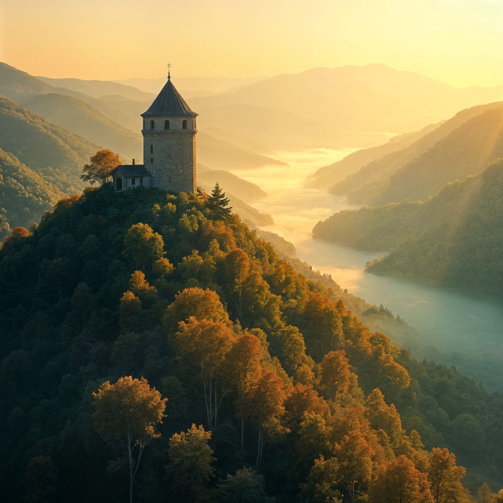 Picturesque Stone Tower at Sunset in Lhiera