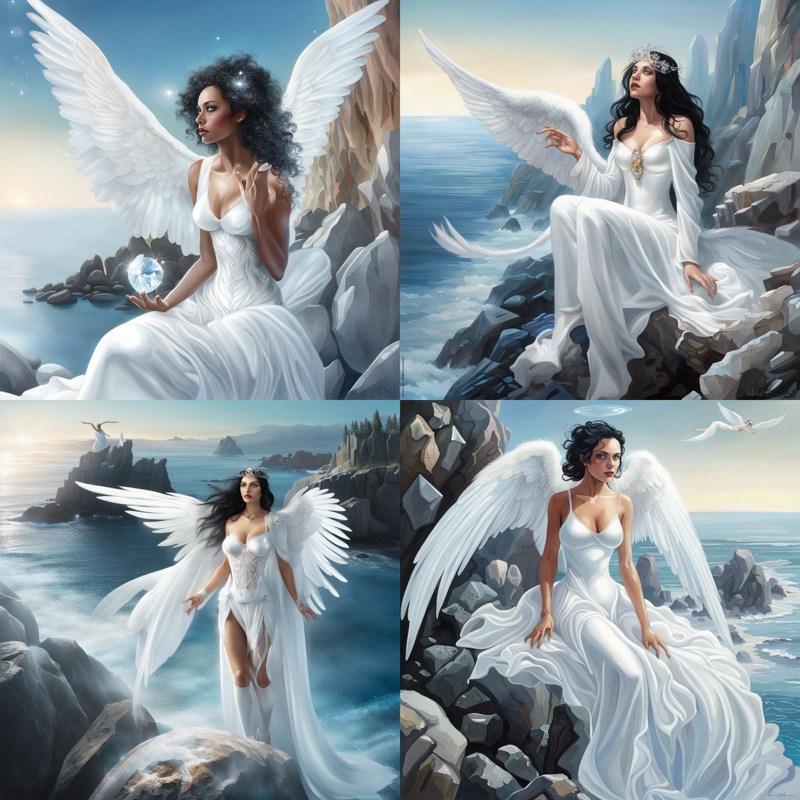 Surreal Angel Woman with Crystal Over Ocean