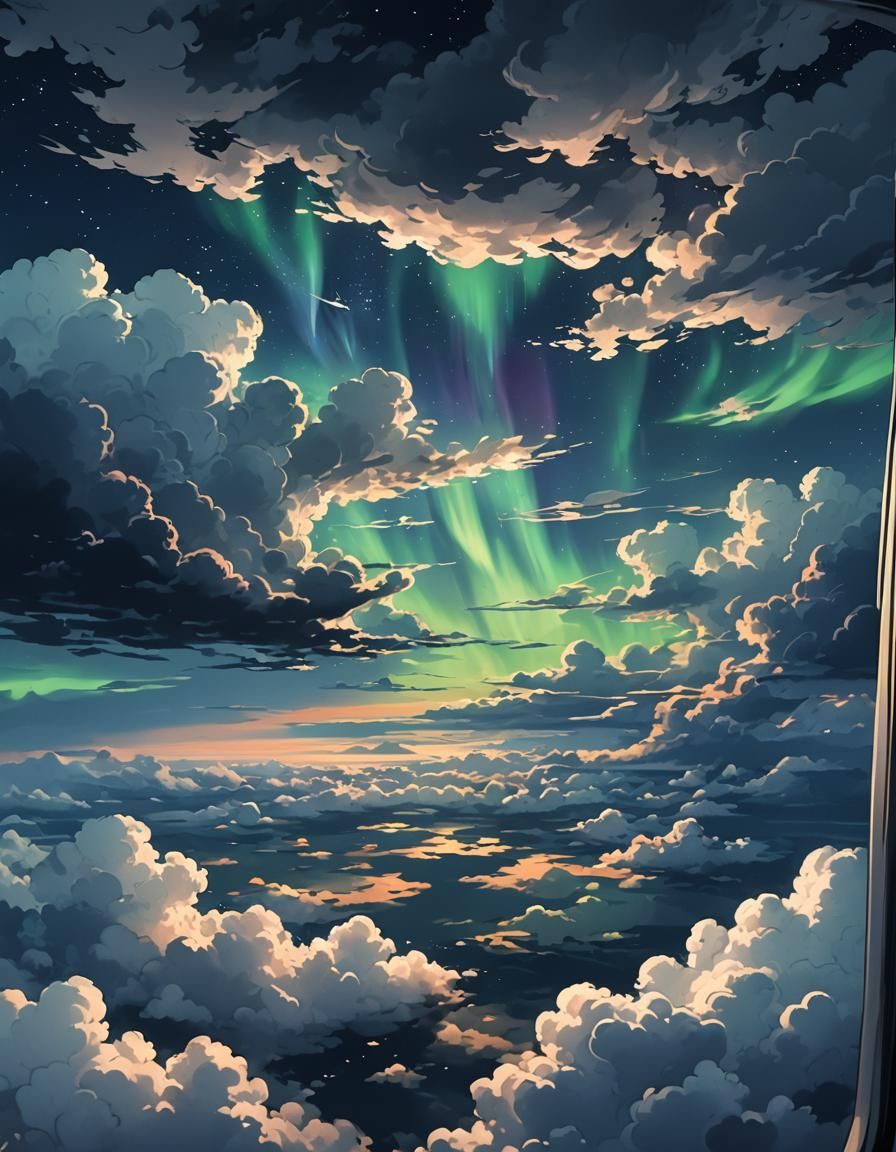 Anime Aurora Borealis Above Clouds from Airplane Window