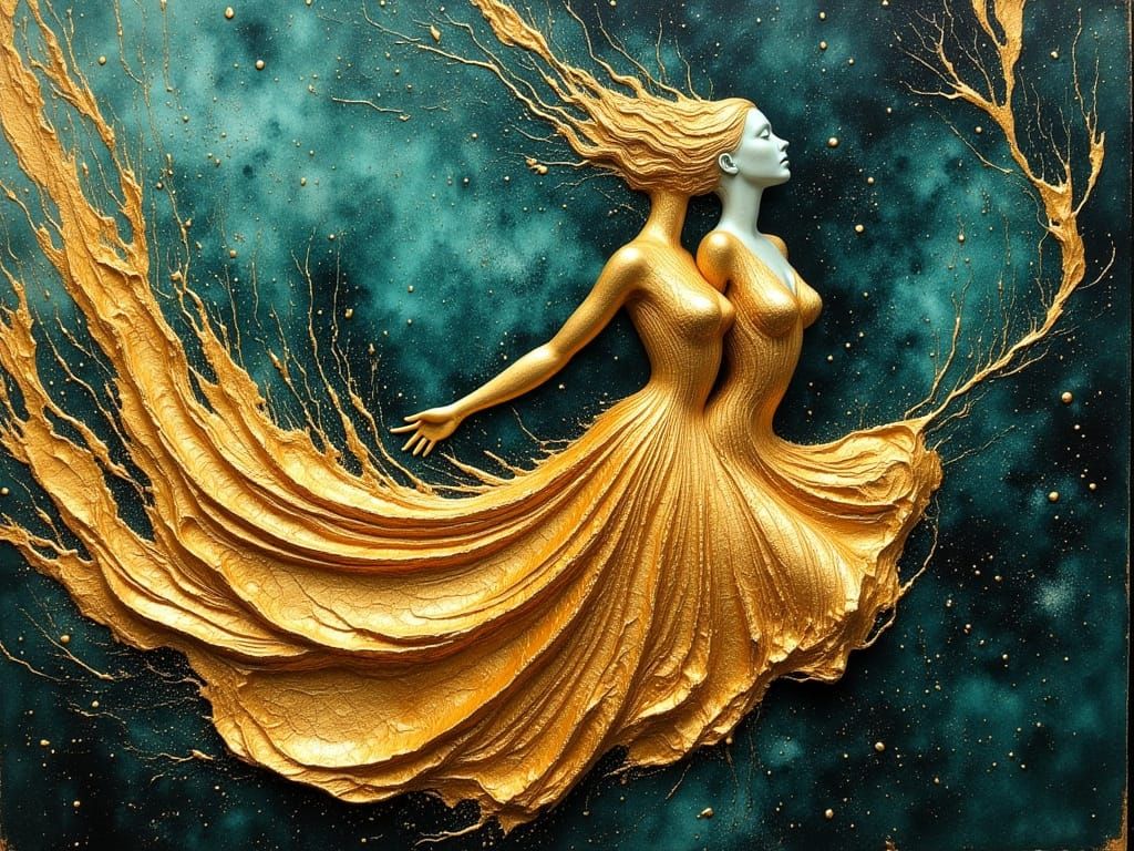 Golden Liquid Figures Dancing in Abstract Style