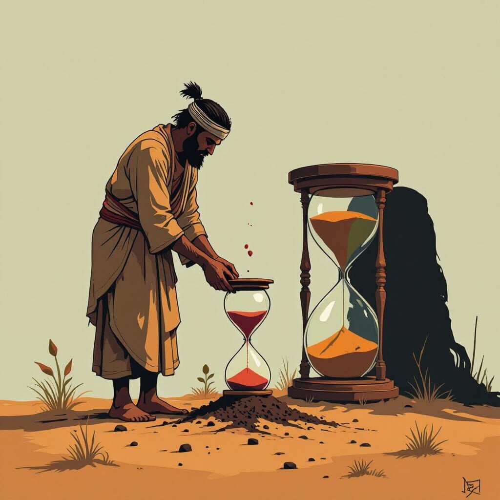Man Planting Seeds Beside Hourglass in Minimalist Style