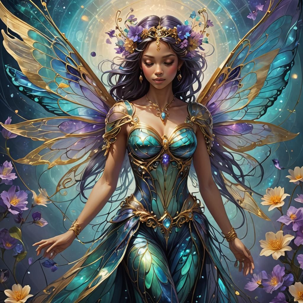 Prompt:  Beautiful female fairy, wings detailed floral swirls with blue, purple and teal hues intersected by black lines...