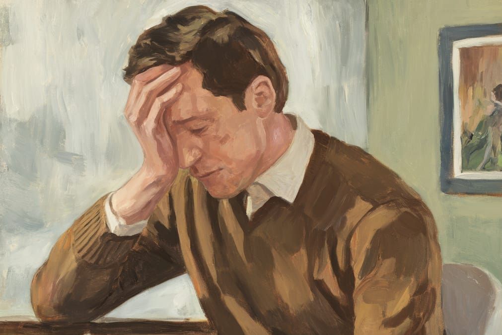 A Grieving Man Holding a Memento in a Somber Oil Painting