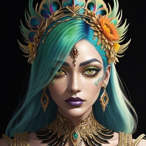 Abstract Portrait: Woman with Gold Skin and Feathers