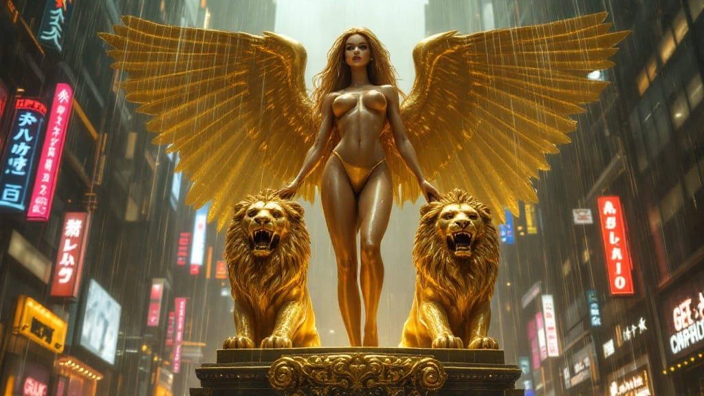 Cyberpunk Goddess of Love Reigns Over Dystopian Metropolis