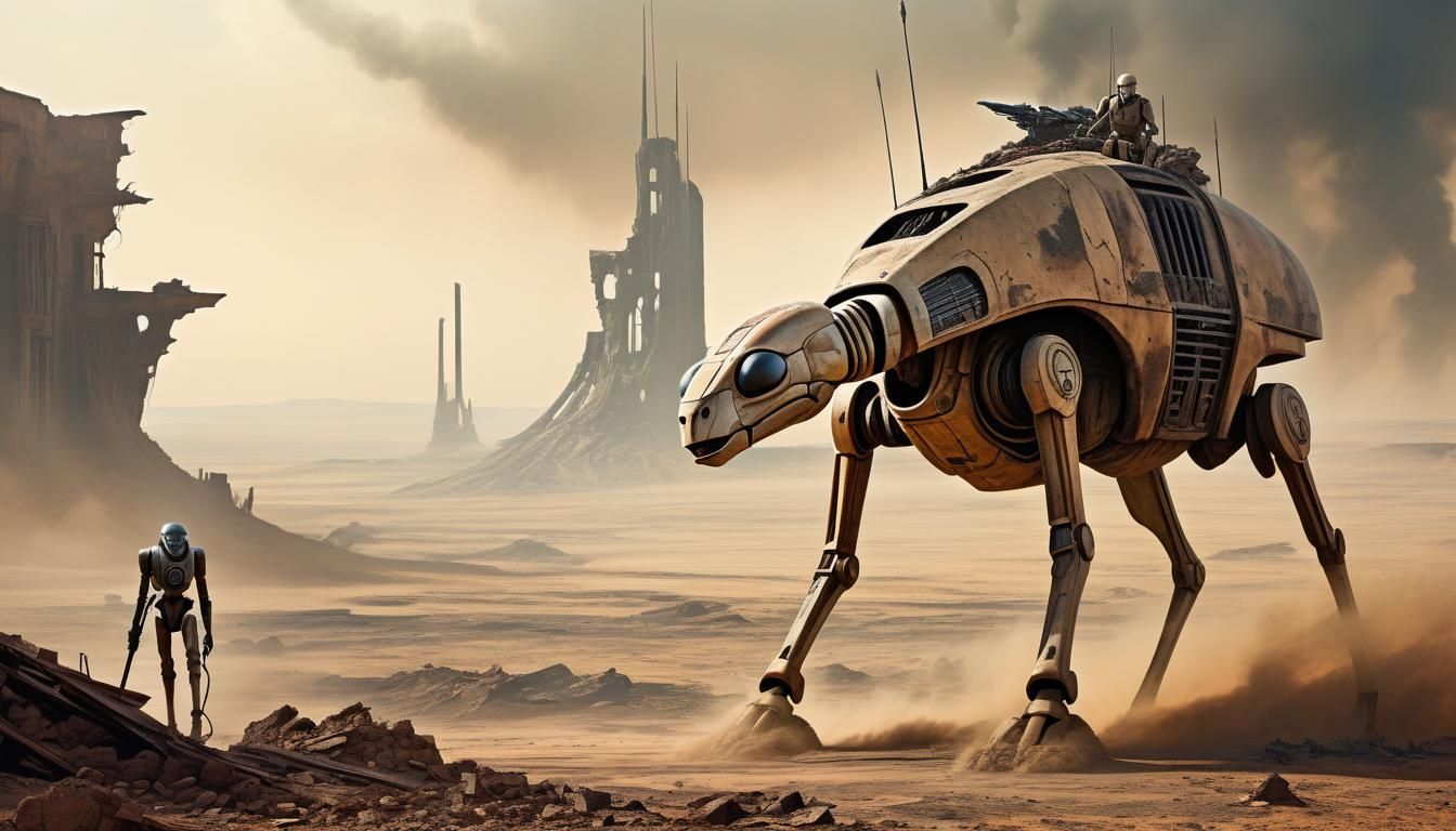Battle Droid Rides Alien Beast Through Ruins