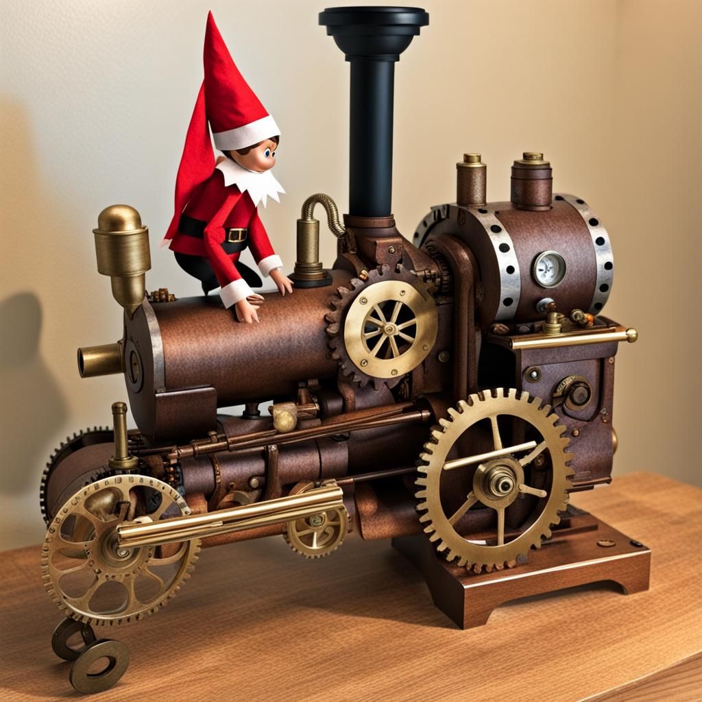 Elf on the Shelf in Steampunk Train Engine