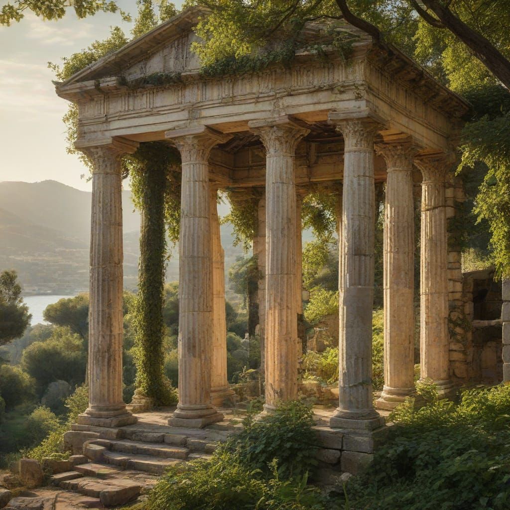 Ancient Greek Temple Ruins in a Mediterranean Landscape