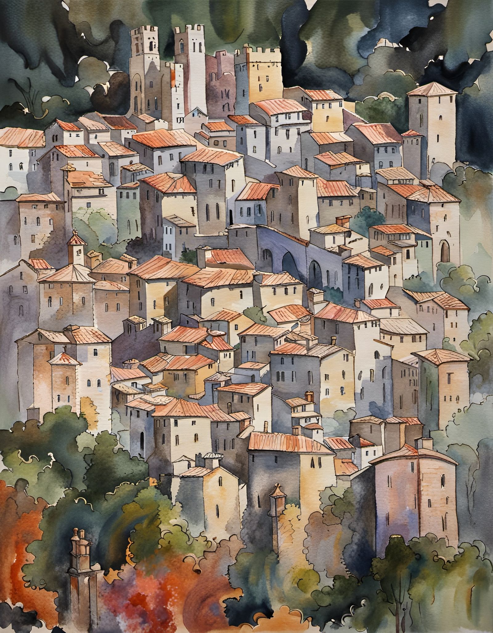 Pitigliano, Italy: Medieval Architecture in Gouache Style