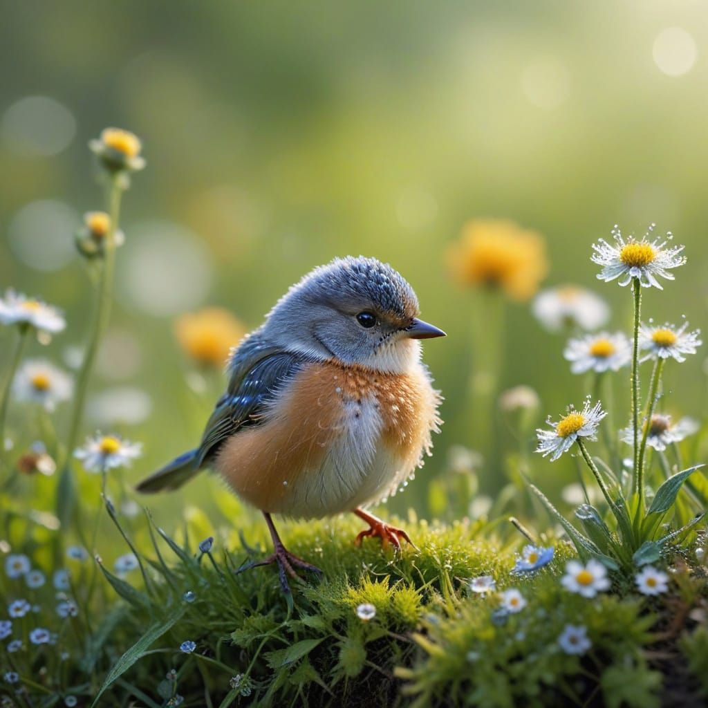 Whimsical Bird Sits on Meadow Flower