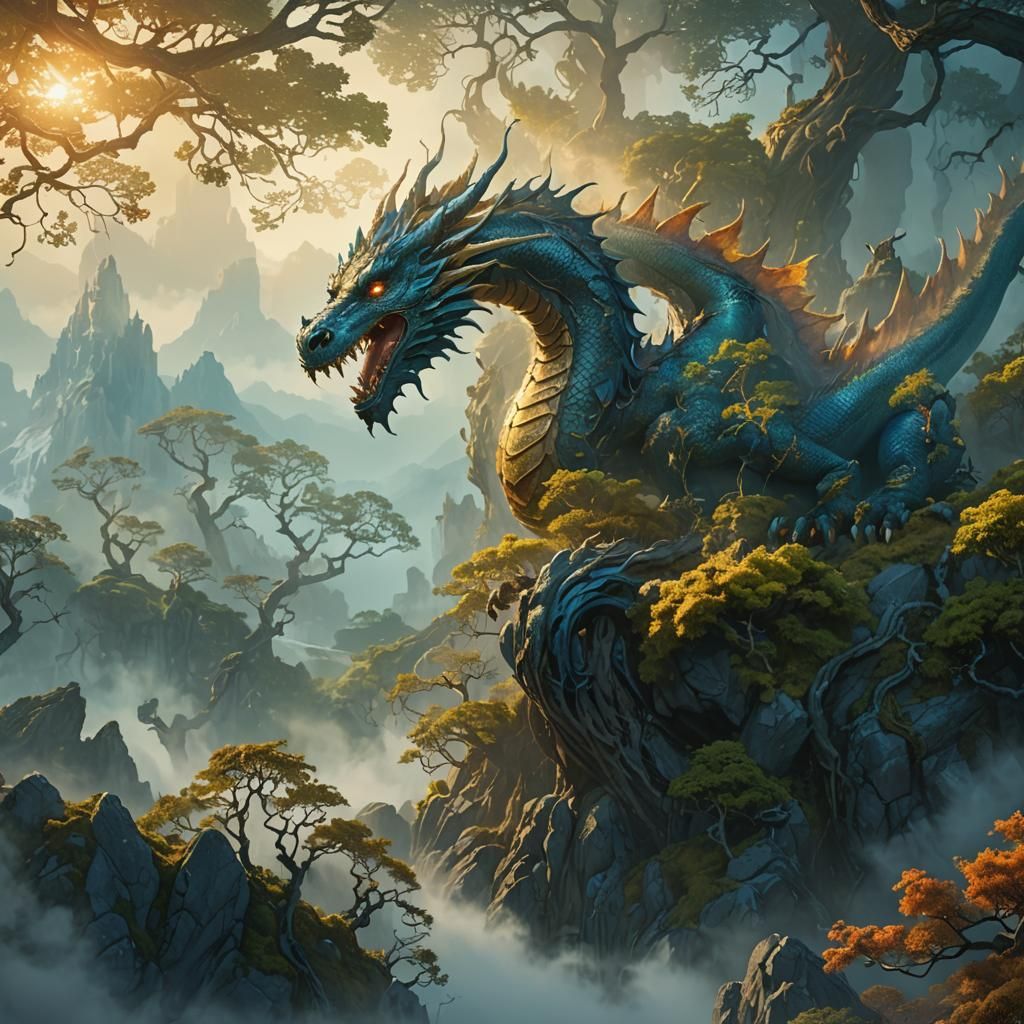 Mythical Dragon Perched Atop Mist-Shrouded Mountain