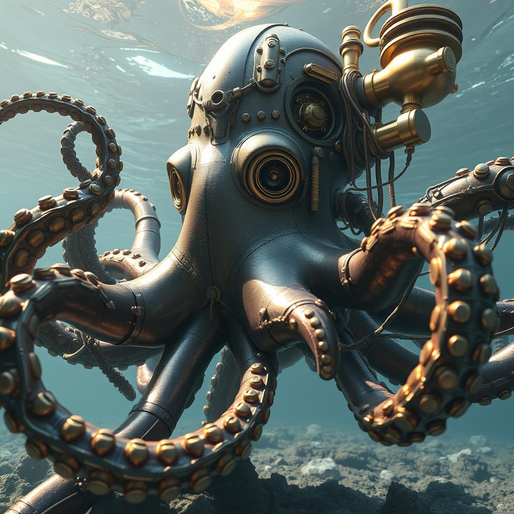 Steampunk Octopus in Armor Submerged Underwater