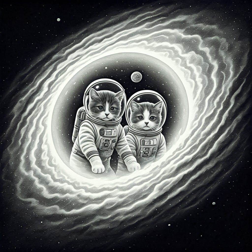 Vintage-Style Pencil Art of Space Dogs in a Nebula