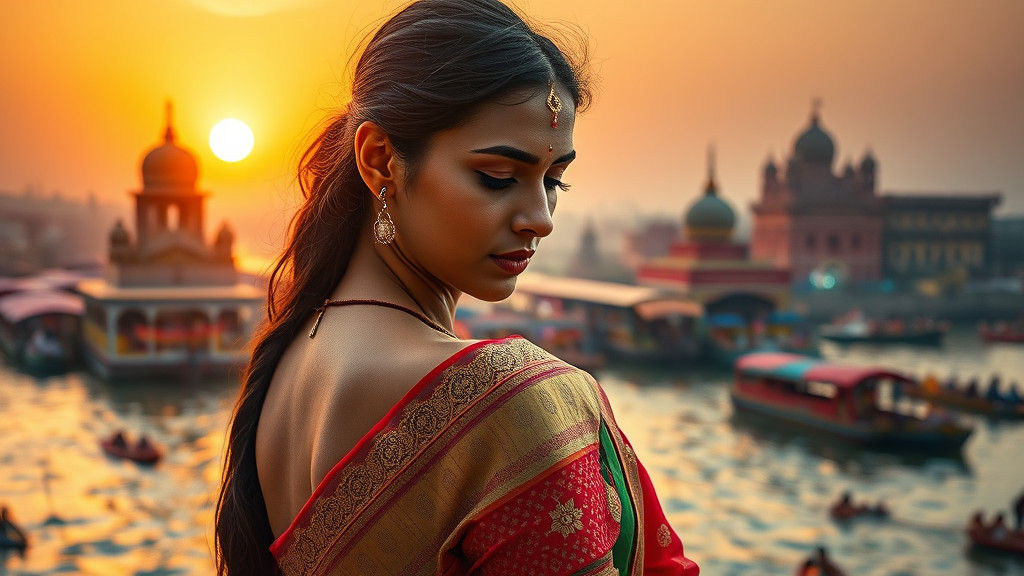 Woman in Saree at Prayagraj Ghats at Sunset