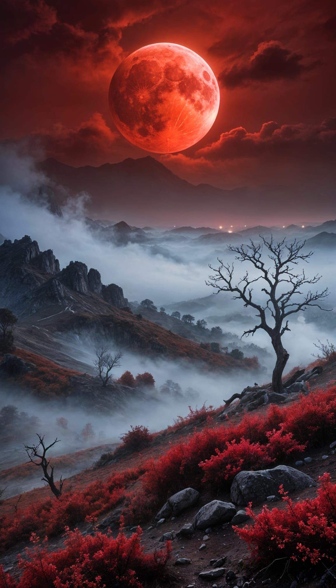 Blood Moon Illuminates Foggy Landscape