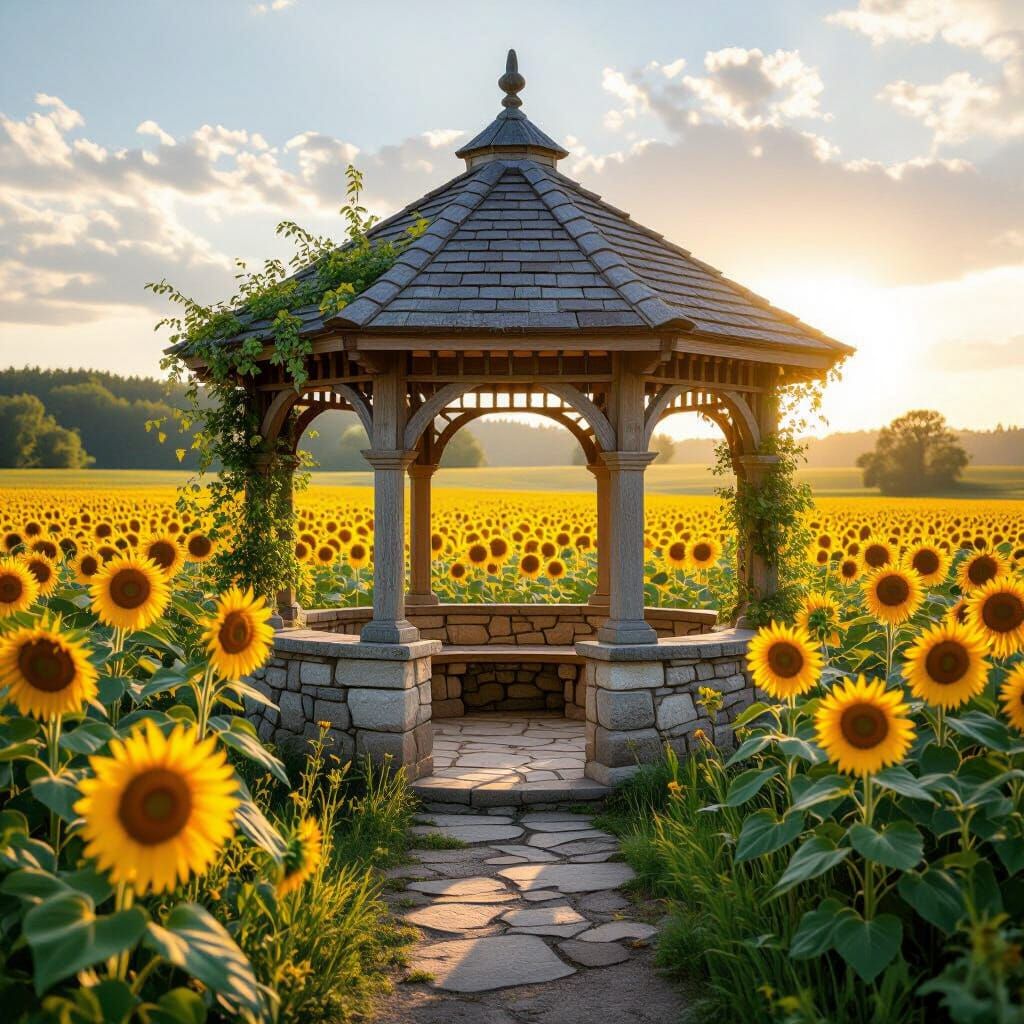 Sunflower Field Gazebo in Hyperrealistic Photography Style