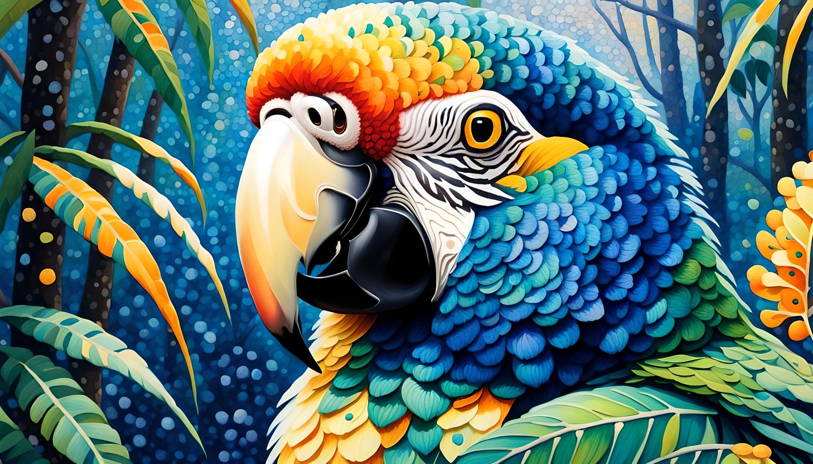 Pointillist Parrot in Colorful Jungle Scene