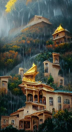 Golden Palace in Mountain Rain, 3D Render