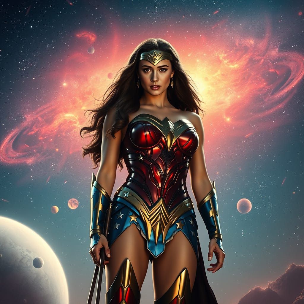 Heroic Wonder Woman in a Vibrant Galaxy
