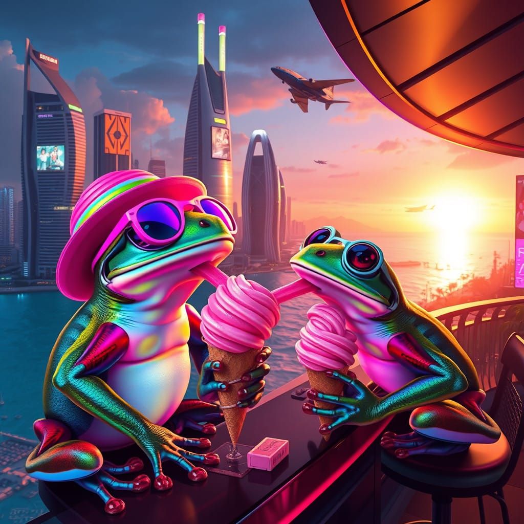 Frogs Enjoy Ice Cream in Futuristic Beachside Bar