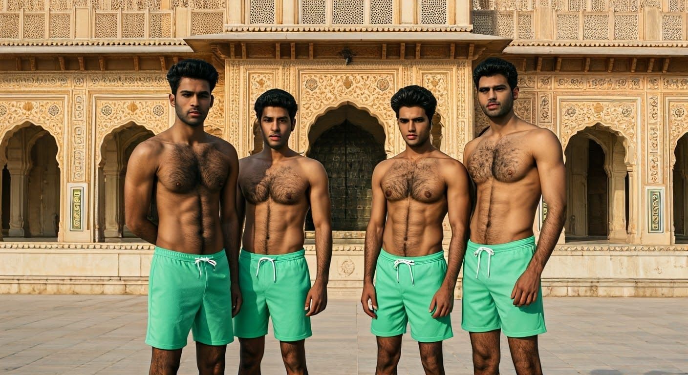 Men Pose Before Ornate Palace in Photorealistic Style