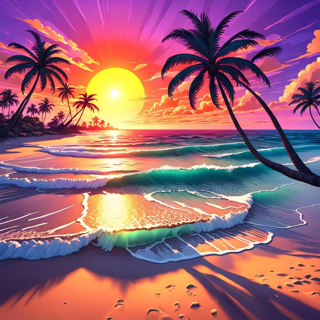 Vivid Beach Sunset with Palm Tree, Hyperdetailed Art