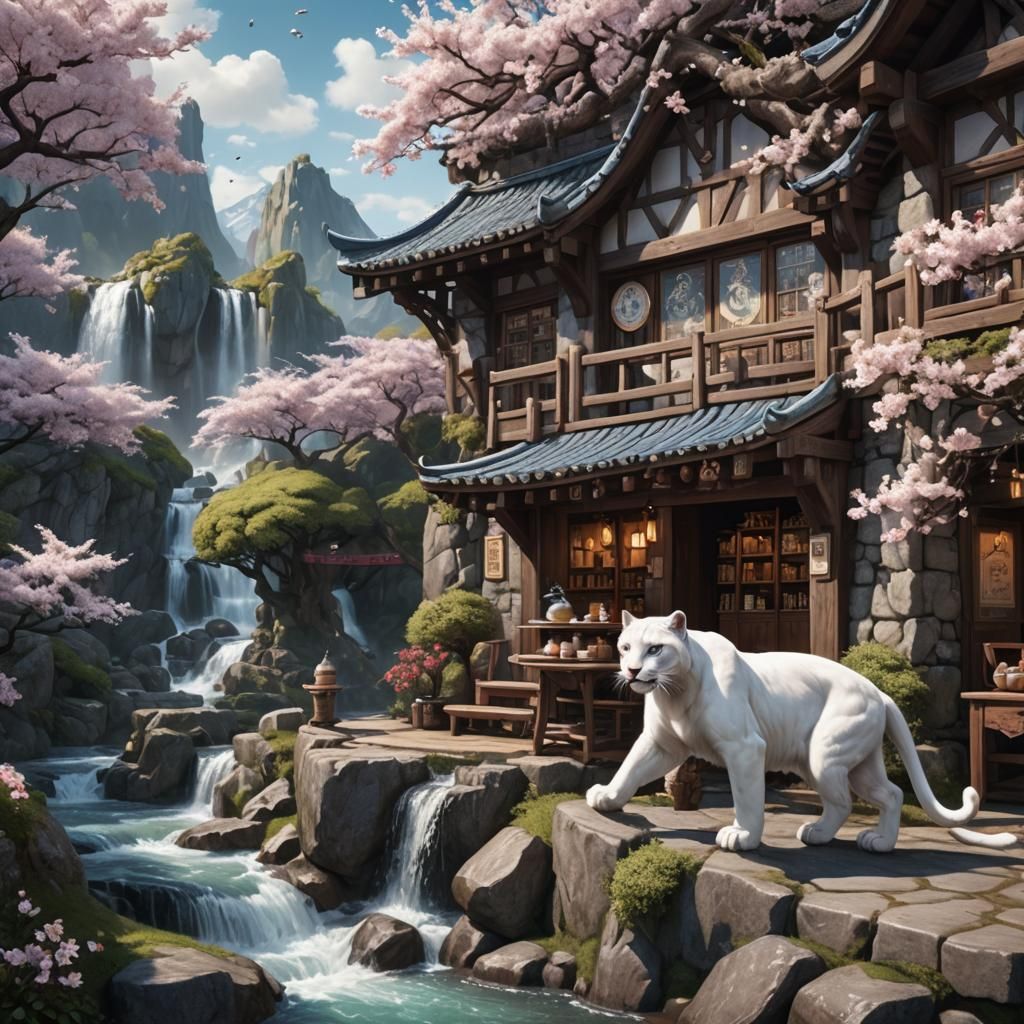 Medieval Tea Shop with White Panther Sign