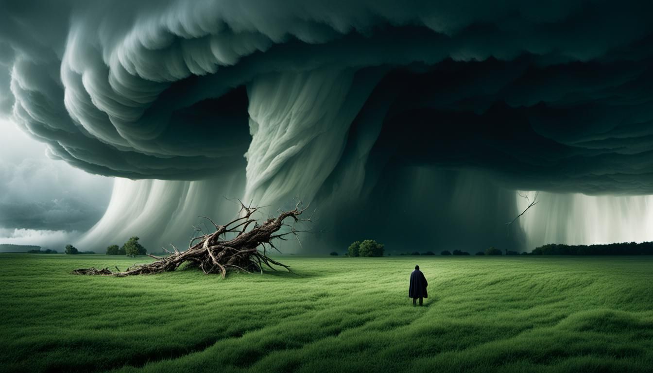 Surreal Tornado Landscape with Defiant Figure