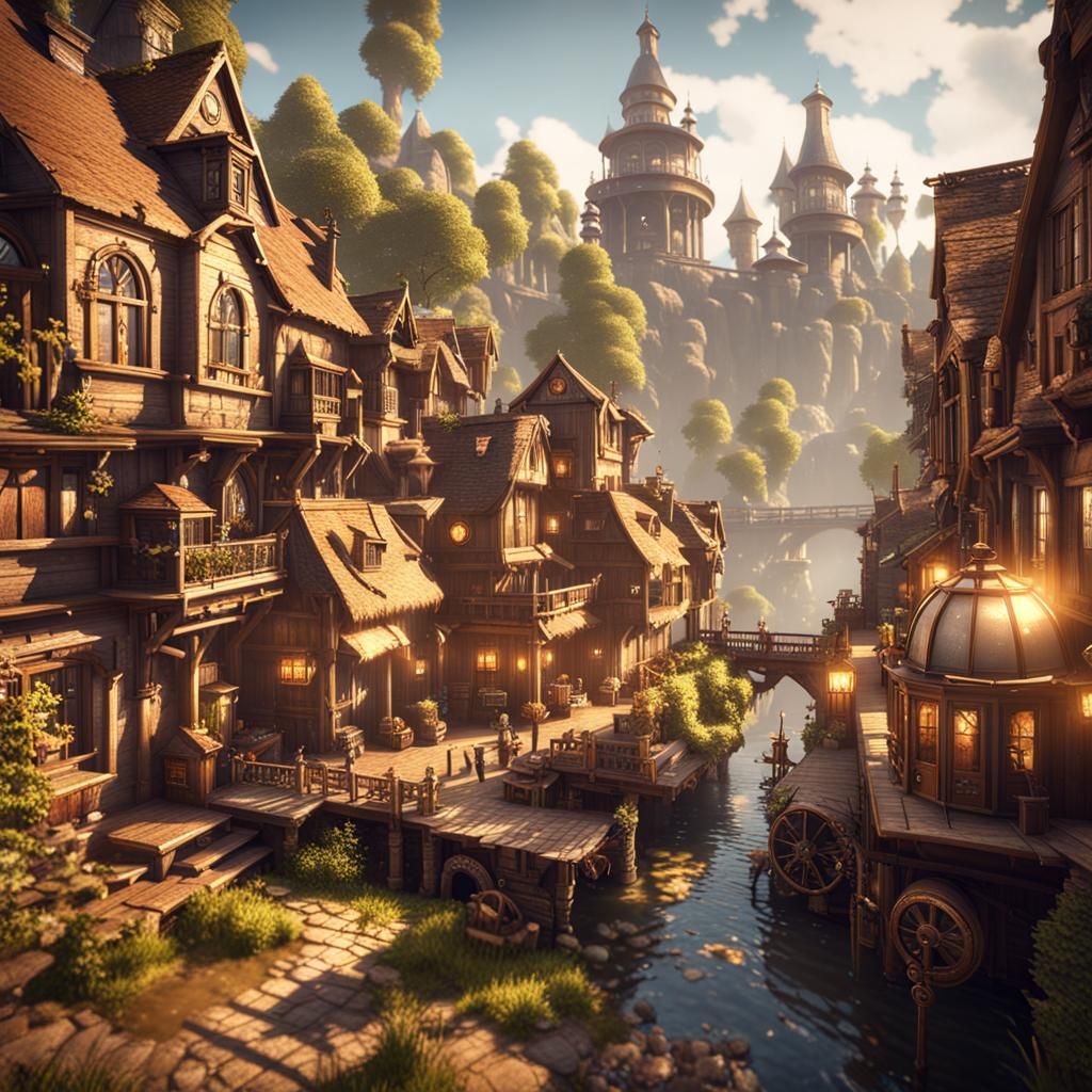 Steampunk Village in 3D Cinematic Style