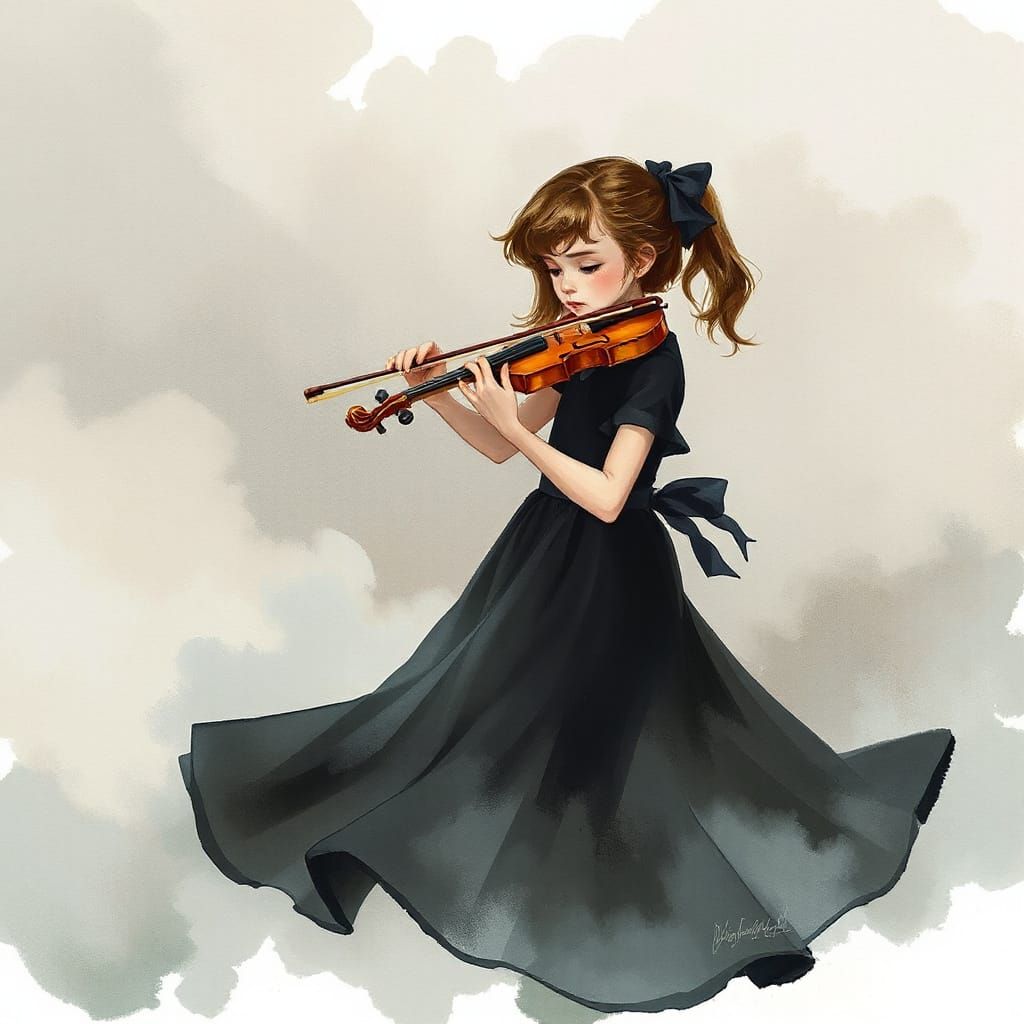 Ethereal Girl Plays Violin in Watercolor Dreamscape