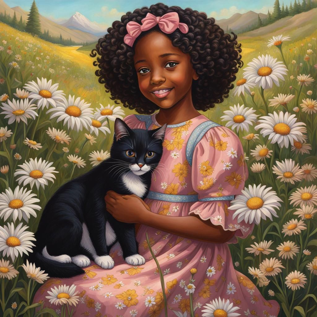 Girl with Kittens in Daisy Field, Colorful Portrait
