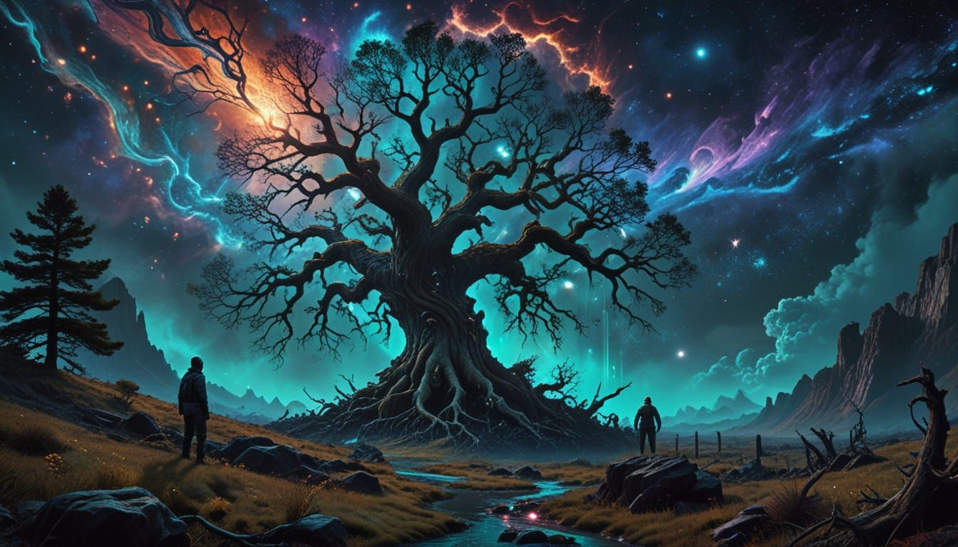 Psychedelic Nebula: Gnarled Tree in Cosmic Horror Style