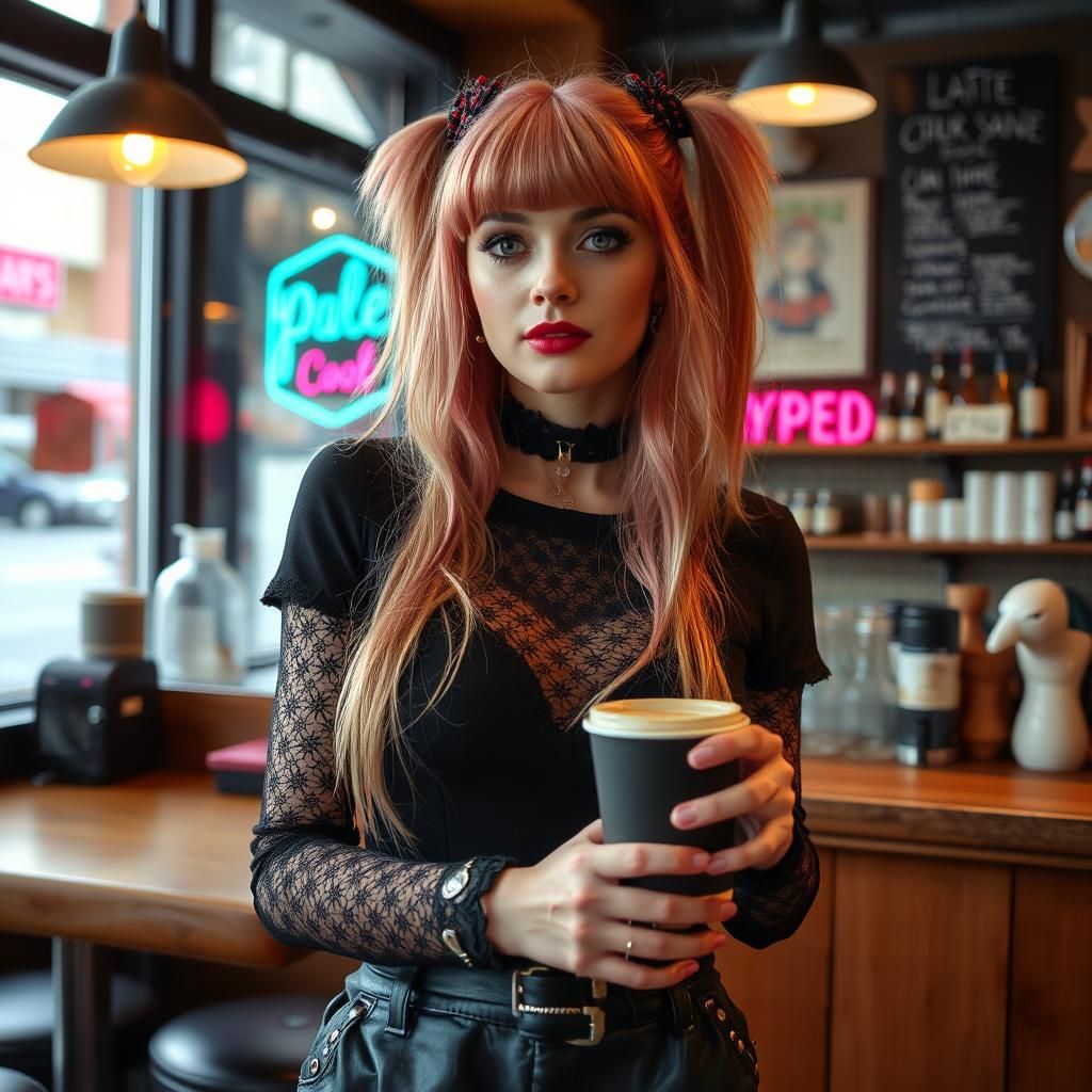 Goth Fashion Model in Coffee Shop
