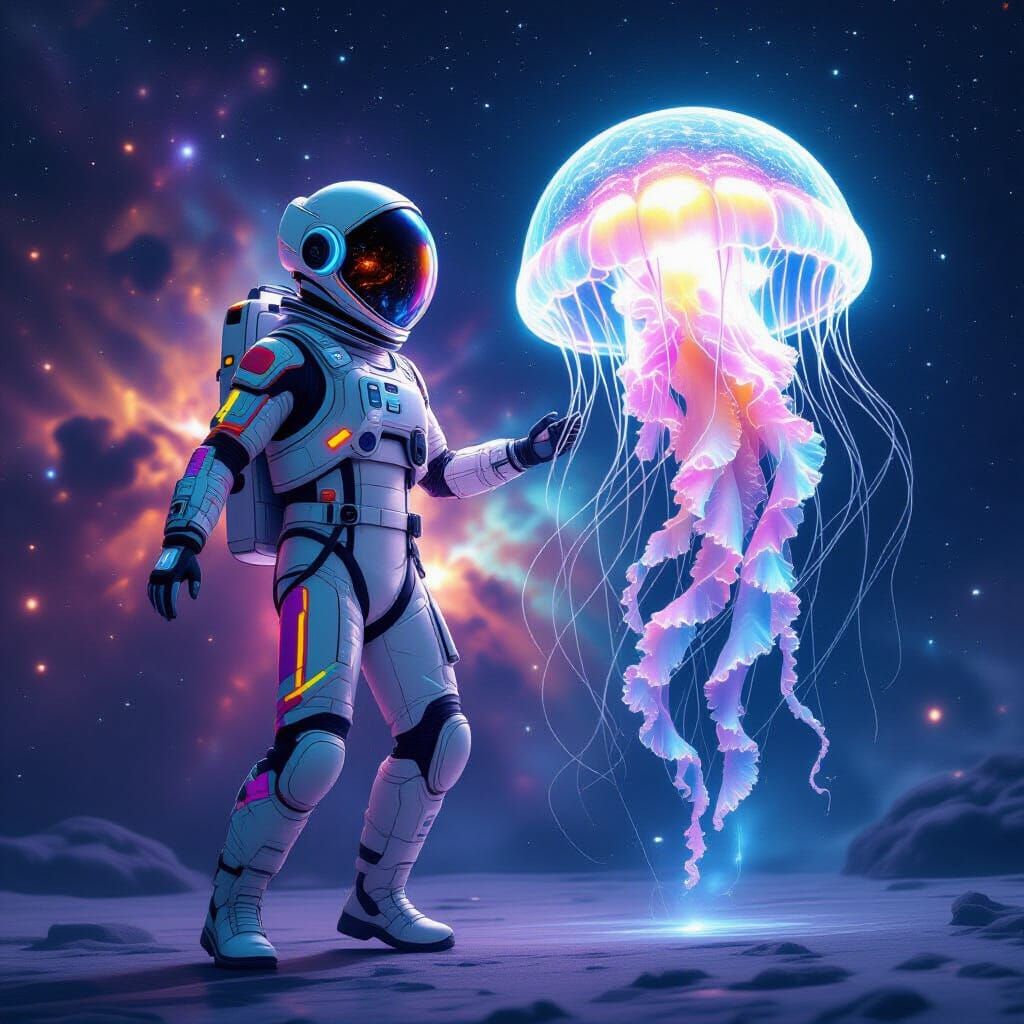 Human and Space Jellyfish Dance Near Nebula