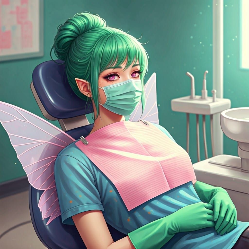 Anime Woman with Fairy Wings in Dentist Chair